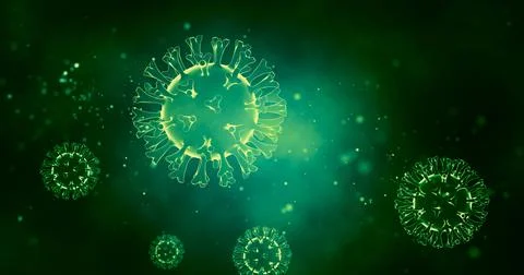 Pathogenic viruses on a bright shiny green background. Viral disease outbreak Stock Illustration