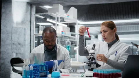 Pathologist examining biopsy slide while colleague documents diagnostic findings Stock Footage 326368265