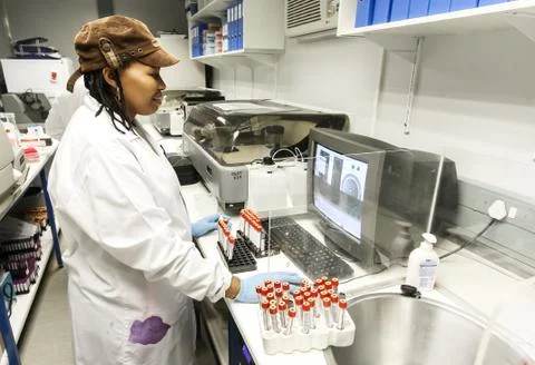 Pathologist lab assistant testing blood in a clinical laboratory Stock Photos