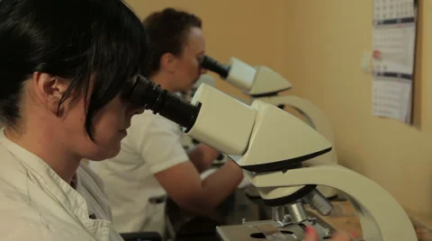 Pathologists analyzing tissue sample with microscope in  laboratory, tilt down. Stock Footage 53087296