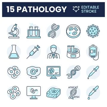 Pathology icons set with microscope, test tubes, DNA helix, petri dish, vir.. Stock Illustration