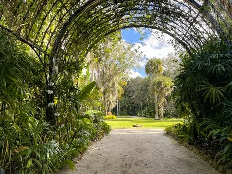 A pathrway surrounded by an arch trellis that opens into a botanical garden Foto stock