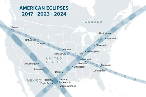 Paths of American Eclipses of 2017, 2023 and 2024, political map 스톡 일러스트
