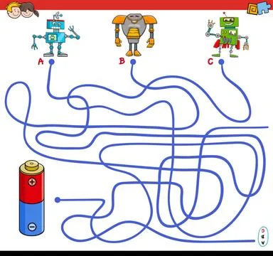 Paths maze game with robots and battery Cartoon Illustration of Paths or M... Stock Photos