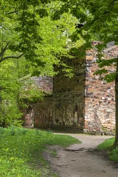 Pathway to Ancient Brick Ruins Surrounded by Lush Spring Foliage. Stock Photos