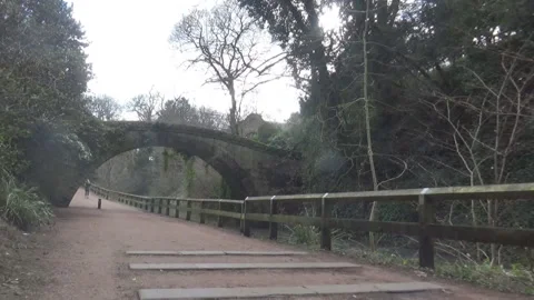 Pathway and an old bridge in a park newcastle uk Stock Footage 132986994