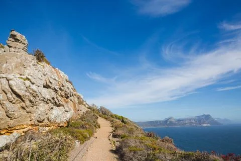 Pathway at Cape Point with view of False Bay Stock Photos