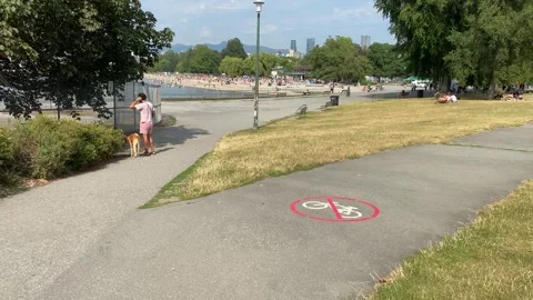 Pathway diverge for no biking and walking in Kitsilano Beach Park towards beach Stock Footage 280805113