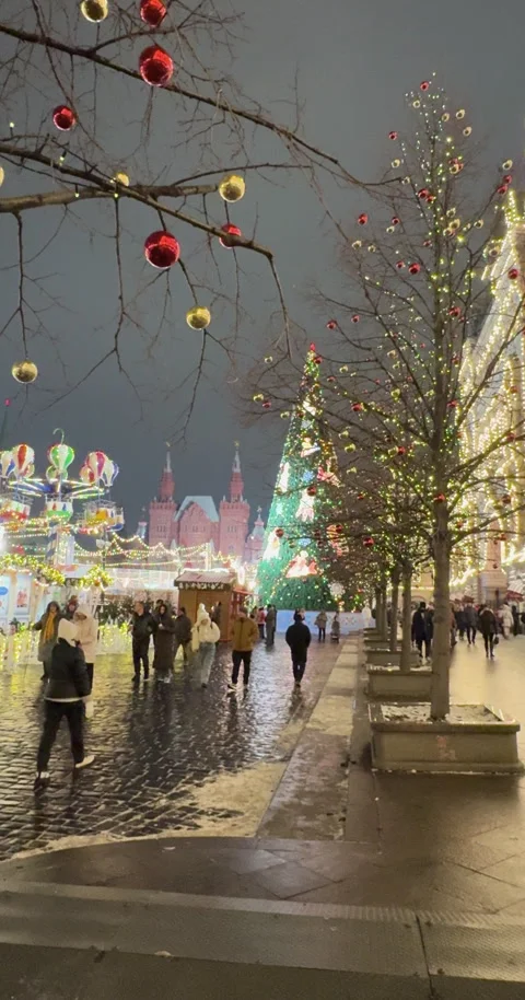 Pathway with festive lights and trees during winter season, Moscow Stock Footage 327522070