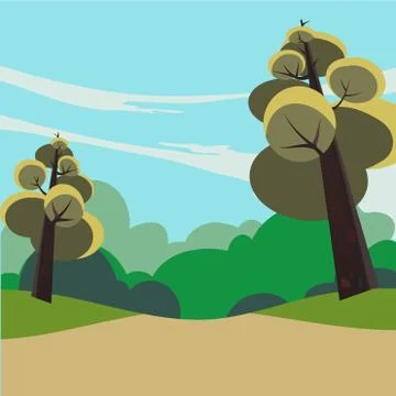 Pathway going through lush green outfield with trees and hills Stock Illustration