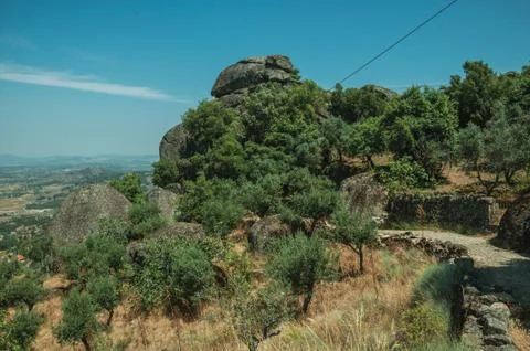 Pathway on hill covered by trees and rocks near Monsanto Stock Photos