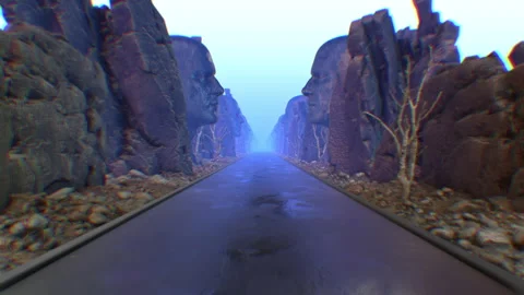 A pathway of Huge Stone Head Sculptures Stock Footage 264049699