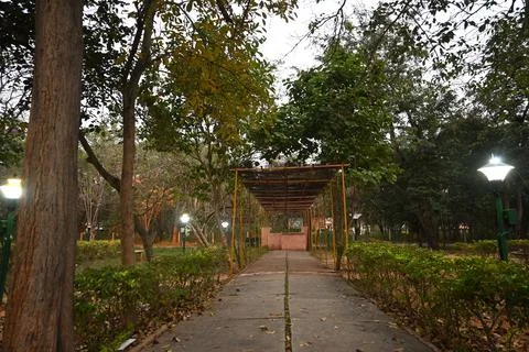 Pathway in a kids park surrounded by trees and grass Stock Photos