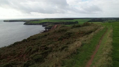 Pathway leading between cliffs steeply falling of sea surface and meadow Video stock 166551593