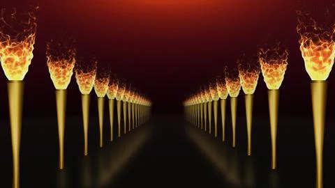 Pathway Light Of Fire Torch Flame Burning Alongside With Floor Reflection Stock Illustration