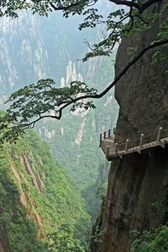 The pathway made on the vertical slope of a mountain, huang shan, china Stock Photos