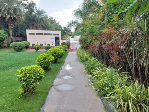 Pathway in middle of garden Stock Photos
