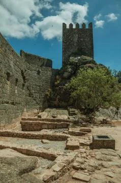 Pathway over wall and tower from keep in a castle Stock Photos