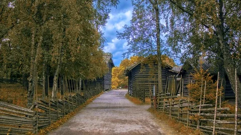 Pathway, road of open air museum Skansen of Stockholm, Sweden.  Stock Footage 98133997