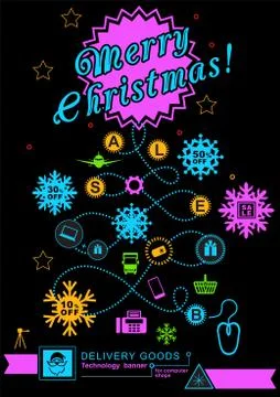 Pathway in the shape of christmas tree. Bright neon christmas logistics icons Stock Illustration