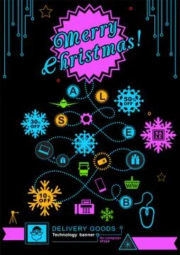 Pathway in the shape of christmas tree. Bright neon christmas logistics icons Stock Illustration