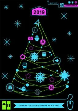 Pathway in the shape of christmas tree. Bright neon christmas logistics icons Stock Illustration