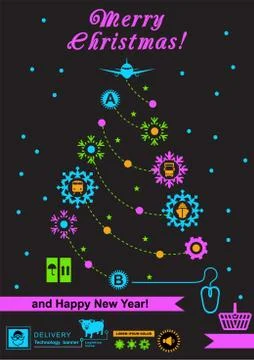 Pathway in the shape of christmas tree. Bright neon christmas logistics icons 스톡 일러스트