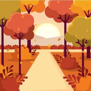 Pathway through autumn forest with falling leaves, Vector Stock Illustration