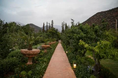 Pathway through a garden at sunset Stock Photos