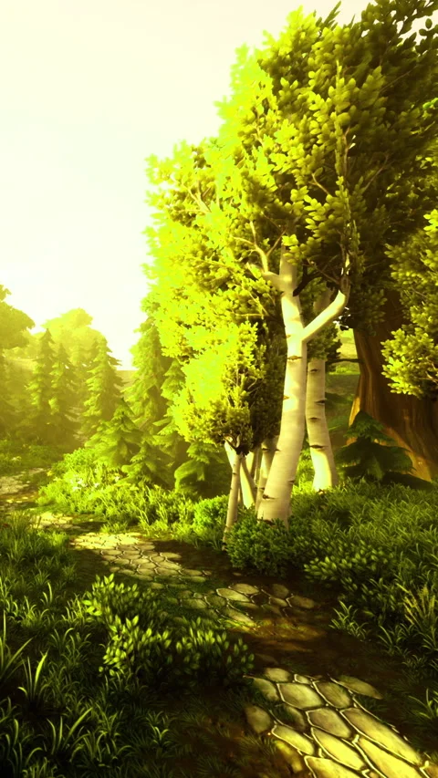 Pathway through green trees in forest during bright daylight hours 库存影片 336029116