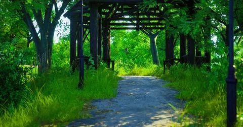 Pathway through a lush green garden with a wooden structure and greenery Stock Illustration