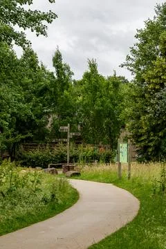Pathway through lush greenery at Center Parcs Villages Nature Paris, France. 스톡 사진