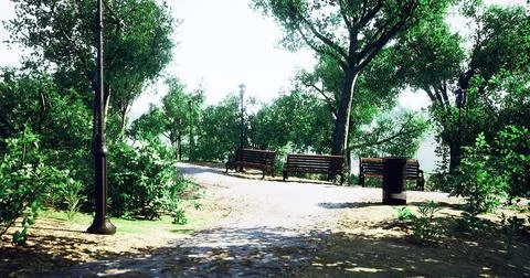 Pathway through a lush park with benches and greenery on a sunny day Ilustração Stock