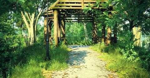 Pathway through a rustic wooden arch in a lush green forest setting Stock Illustration