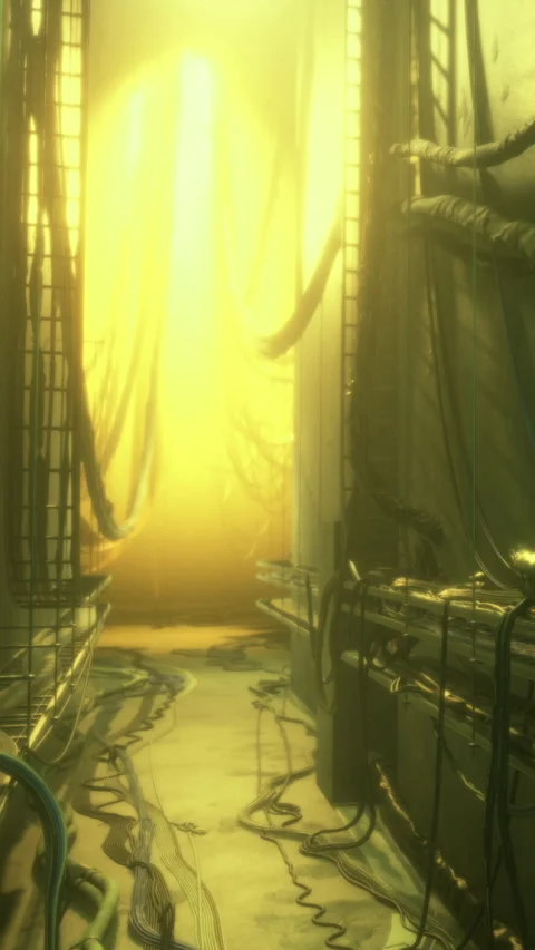 Pathway through a sci fi corridor with cables and bright light at the end Stock Footage 334166671