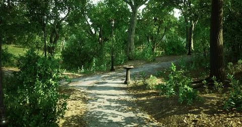 Pathway through a vibrant park surrounded by lush greenery and sunlight Ilustração Stock