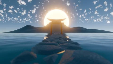 Pathway to Tranquility: Modern 3D Representation of a Traditional Torii Gate  Stock Illustration