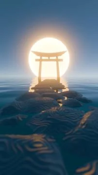 Pathway to Tranquility: Modern 3D Representation of a Traditional Torii Gate  Illustrazione stock