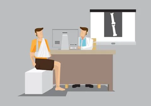 Patient with Arm in Sling Consultation with Orthopedist Cartoon Vector Illust Stock Illustration