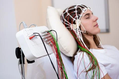 Patient brain testing using encephalography at medical center Stock Photos