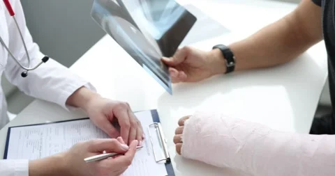 Patient with broken arm with x-ray at doctor appointment 스톡 동영상 172011649