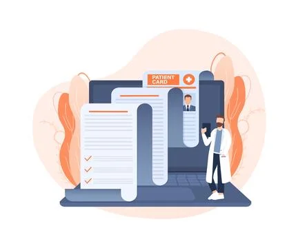 Patient card. Flat design vector illustration. Patient card with people and 库存插图