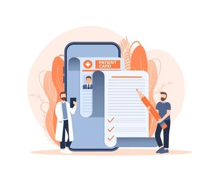 Patient card. Flat design vector illustration. Patient card with people and 库存插图