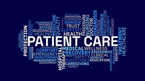 Patient Care Word Cloud Vector Graphic on Dark Blue Background Ilustración de archivo