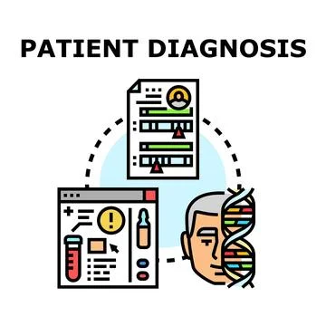 Patient diagnosis process displaying medical data and genetic analysis Stock Illustration