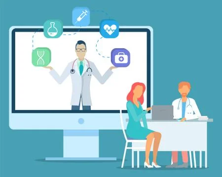 Patient with doctor sitting at table using laptop, doctor with medical icons at Stock Illustration