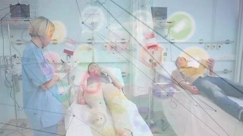Patient in hospital bed with digital data and global tech background. Stock Footage 330114118