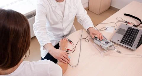 Patient nerves testing using electromyography at medical center Stock Photos