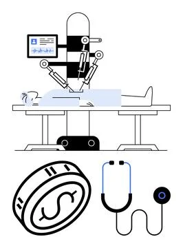 Patient on operating table undergoing robotic surgery with monitoring screen. Stock Illustration