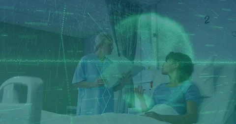 Patient raising hand asking question at hospital bedside, nurse reading chart Stock Footage 328466912